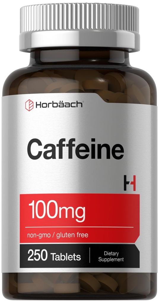 Horbäach Caffeine Pills 100mg 250 comprimidos fórmula vegetariana Não-GMO, Suplemento sem glúten