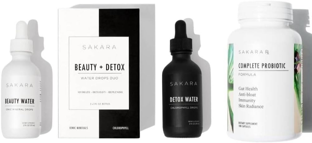Sakara Beauty Water + Detox Water Drops & Probióticos Completos - Trace Mineral Drops & Chlorophyll Liquid Drops, Probióticos para Mulheres Saúde Digestiva