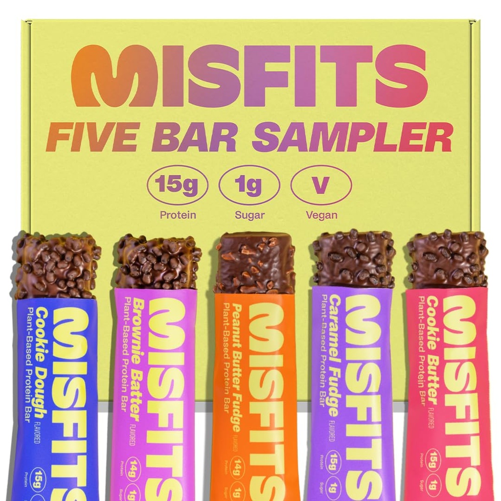 Misfits Vegan Protein Bars - Updated Recipe - Planta com base, baixo açúcar e carboidratos, Snacks de alta fibra de embalagens de amostra variedade para testar os sabores Pacote de 5 (1 de cada sabor)
