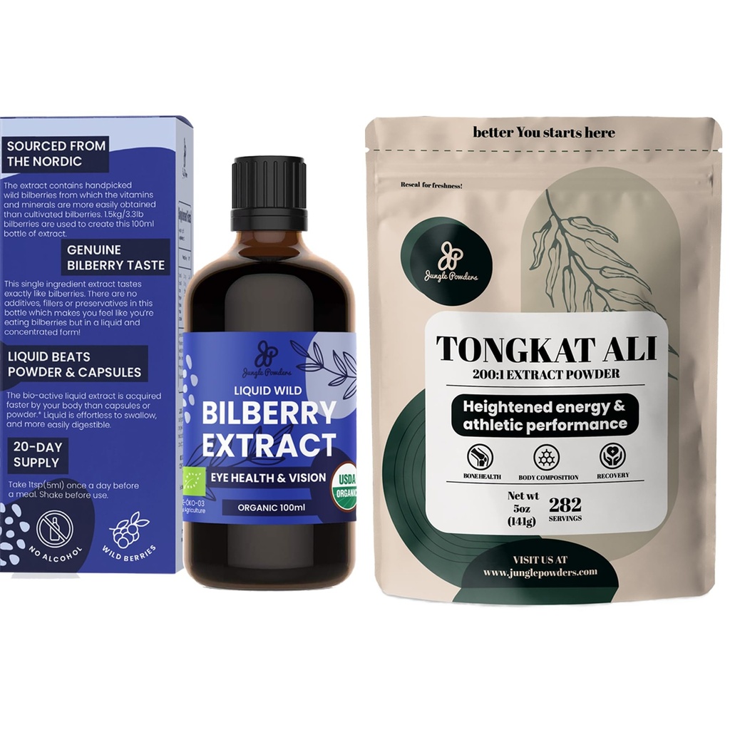 Pó de selva Tongkat Ali para homens Pó 200:1 Extrato 5 Bolsa de onça, Extrato de mirtilo selvagem para olhos Orgânico 3.4 oz Garrafa Bilberry Suplemento para olhos