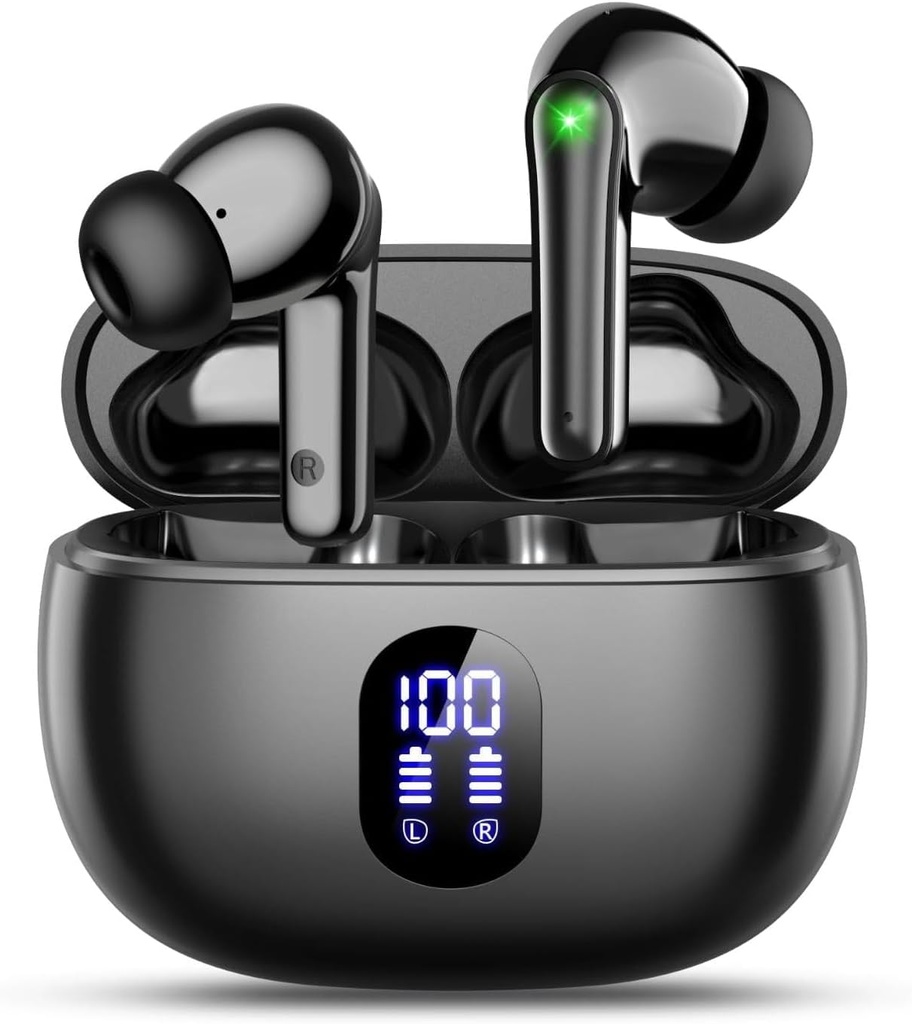 Earbuds sem fio Bluetooth 5.3 Ear Buds, Hi-Fi Estereo Bass Ear Buds com 48H Playtime e LED Display, Auscultadores leves no ouvido com microfone, IPX7 impermeável, Touch Control para iPhone