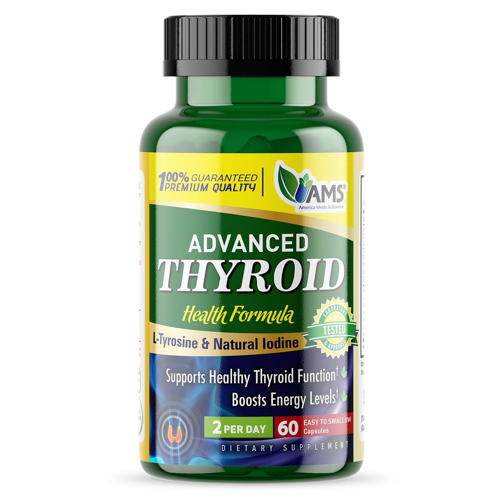 América Medic & Science Tiróide avançada (60 Cápsulas) Suporte de tireóide para homens e mulheres (Humano e suplemento de reforço de energia) com natural Ashwagandha, iodo, selênio e vitamina B12