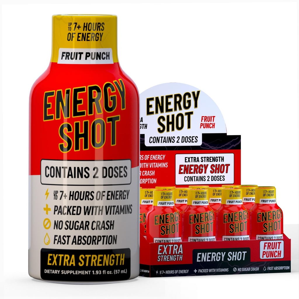 Fruit Punch extra força energia tiro 12 pk – 260mg Cafeína natural B12 B6 – Energia e Foco Suporte – 2 Servings açúcar zero zero calorias verde chá B-Vitamins eletrólitos Vegan – 1,93 fl oz