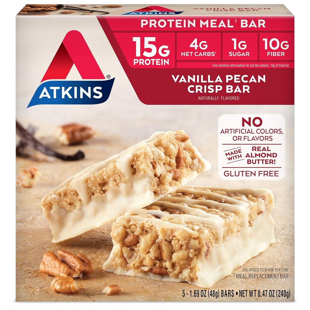 Atkins Vanilla Pecan Crisp Protein Meal Bar, Alta Fibra, 1g de açúcar, 4g de substituição de refeição líquida de carboidratos, Keto Friendly, 5 Contagem