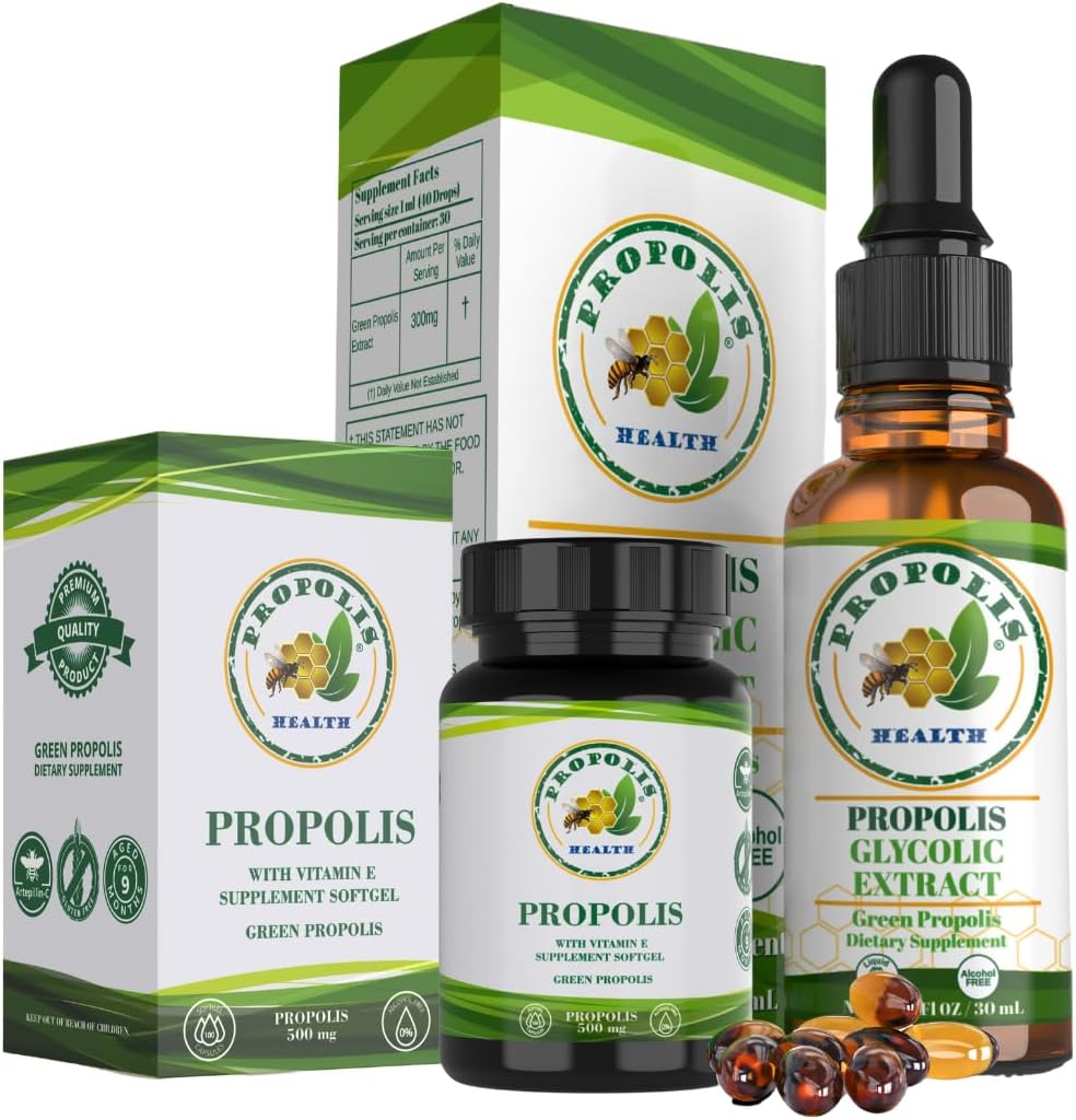 Propolis Health Premium Pacote de Propolis Verde Brasileiro: 1000mg Cápsulas com Vitamina E & Green Propolis Extract Liquid - 50 dias Cápsula e 30 dias Fornecimento líquido para suporte imunológico