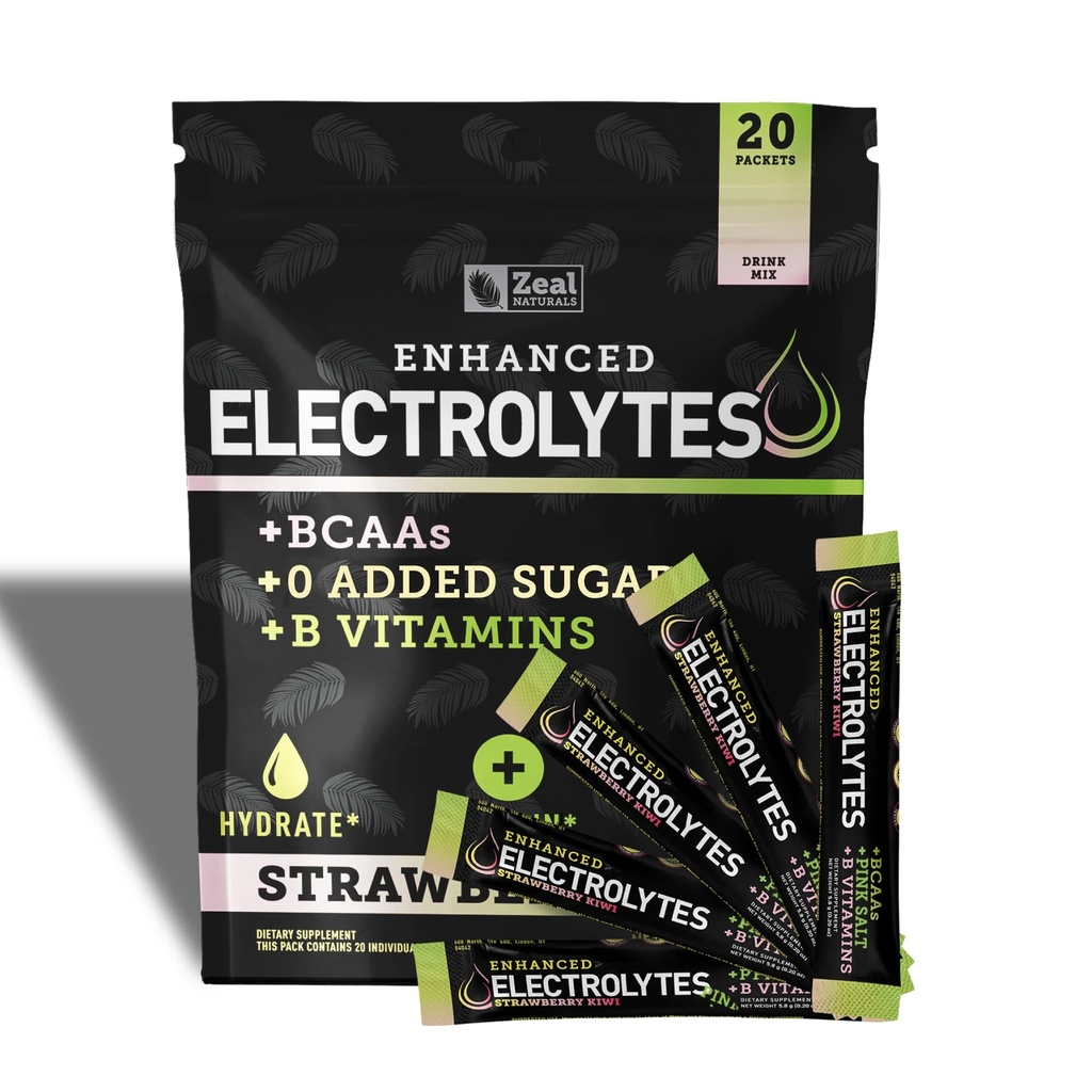 Pacotes melhorados de eletrólito em pó (Strawberry Kiwi 20 Packets) w/ 0 Açúcar +BCAAs +B-Vitaminas Suplemento de eletrólito w Zinco de potássio e magnésio para Hidratação - Eletrólitos de Keto