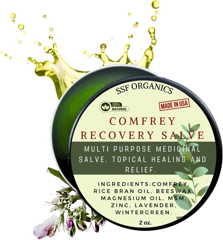 SSF Organics Comfrey Recovery Salve. Bálsamo de ervas orgânica para ossos, músculos, articulações, joelhos, pele, inchaço e cuidados com a tatuagem. Feito à mão, infundido lentamente. Sem preenchimento químico. 2 onças