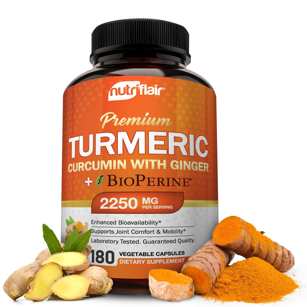 NutriFlair Curcumina Turmérica com Ginger e BioPerine Suplementos de Pimenta Negra, 180 Cápsulas - 95% Curcuminóides - Apoio Conjunto, Antioxidante, Antienvelhecimento - Natural, Não-GMO, Vegan melhor potência máxima