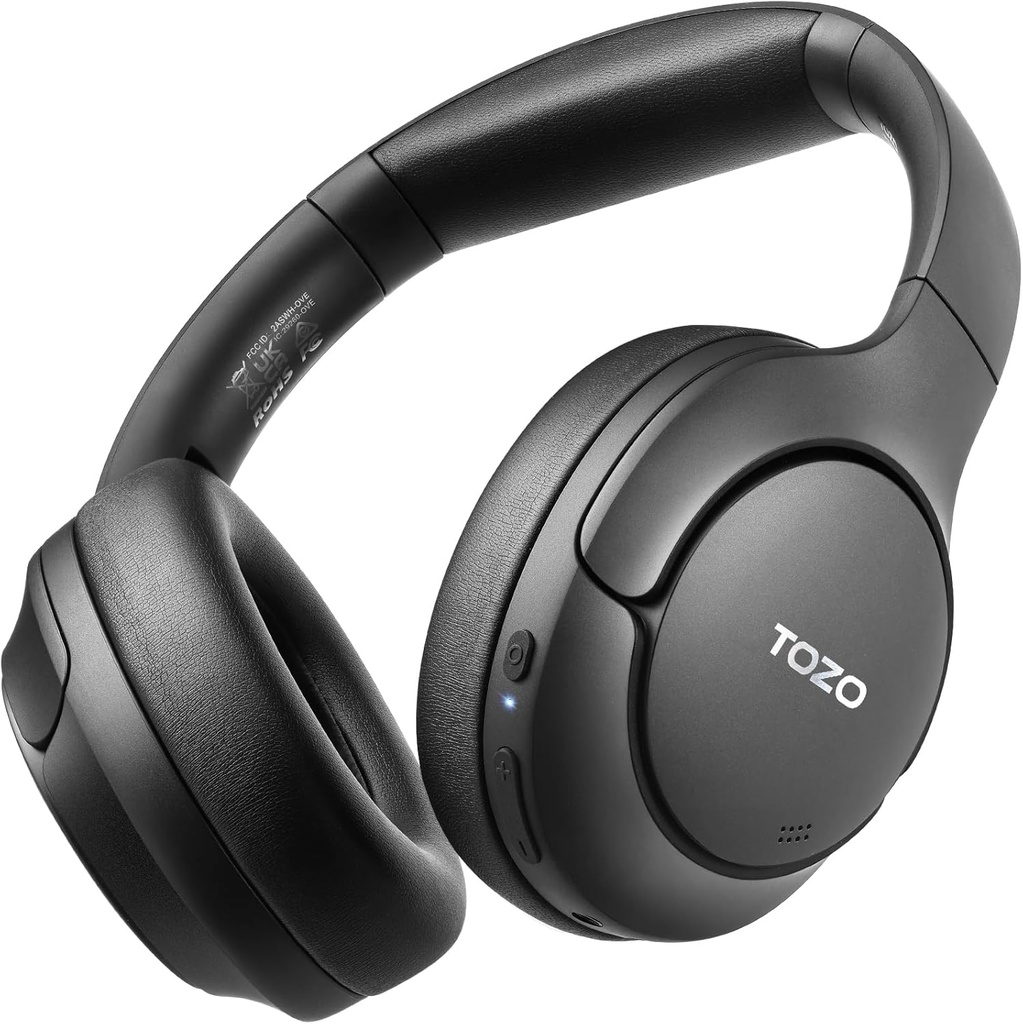 TOZO HT2 Hybrid Auscultadores de cancelamento de ruído ativo, sem fio sobre ouvido Bluetooth Headset, 60H Playtime, Hi-Res áudio personalizado EQ via App Deep Bass Comfort Fit Ear Cups, para Home Office Travel Preto