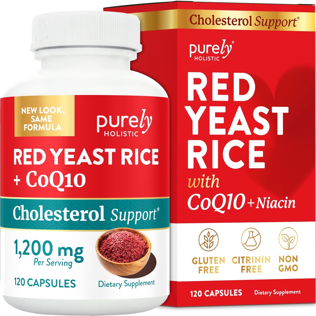Red Yeast Rice 1200mg with CoQ10 Supplement & Flush Free Niacin 120 Cápsulas vegetarianas de força extra – Advanced Healthy Heart Formula - Non-Irradiated, Citrinin Free