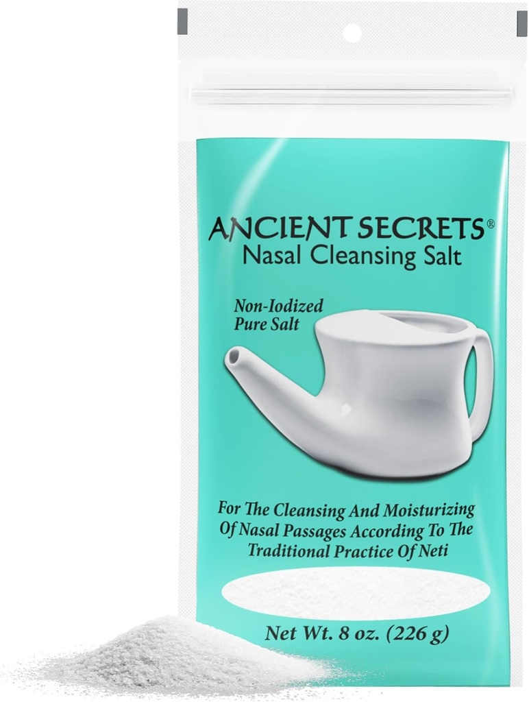 SECRETOS ANTERIORES Sal de limpeza nasal, não iodizado – Cloreto de sódio de grau USP para qualquer pote Neti, Sistema de irrigação sinusal, 8 Oz