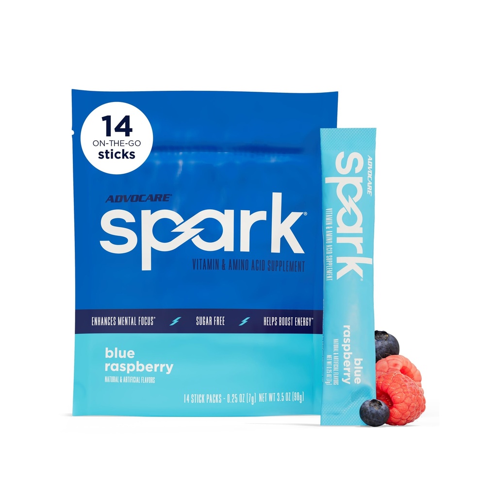 Advocare Spark - Energy Drink Mix - Suplemento de Vitamina e Aminoácido - Suporta Energia e Foco* - Suporte Imune Portátil* - Sem Açúcar - Framboesa Azul, 14 Stick Packs (3,5 oz)