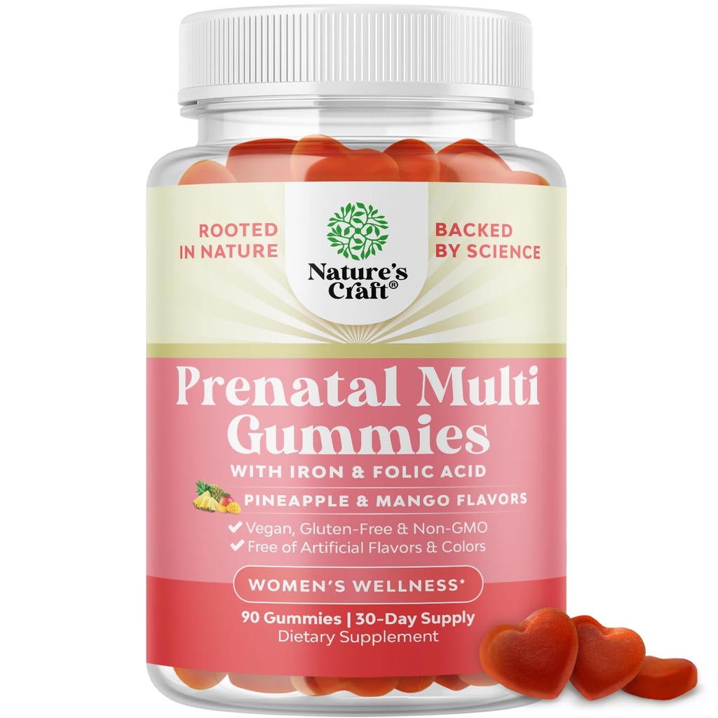 Vitaminas pré-natais Vegan para Mulheres - Vitaminas pré-natais Gummy para Mulheres com Ácido Fólico de Ferro e Mistura de Superfruit - Mastigable Vitaminas Gummy Formula (Mango Pineapple) 1 mês