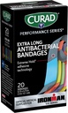 CURAD Performance Series IRONMAN Antibacteriana Bandages, Extreme Hold Adhesive Technology, Extra Long bandages tecido flexível para cortes, raspas, & queimaduras, cores variadas, 0,75 x 4,75 polegadas, 20 contagem