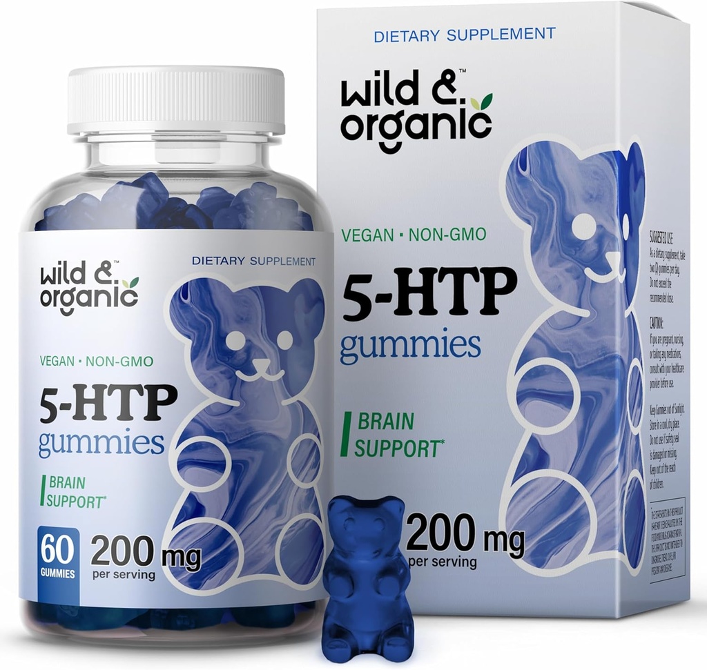 Wild & Organic 5-HTP 200mg Gummies Humod - L-Triptofano para Relaxamento e Calm Natural - 5 HTP Suplemento para Apoio ao Cérebro - 60 Vegan, Não-GMO 5HTP Gummies