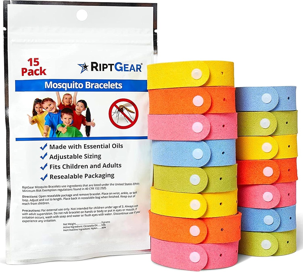 Pulseiras RiptGear Mosquito - 15 Pacote de Pulseiras Mosquito para Crianças e Adultos, Pulseira Insect, pulseira Citronella - DEET Free Pulseiras Mosquito, Camping Acessórios