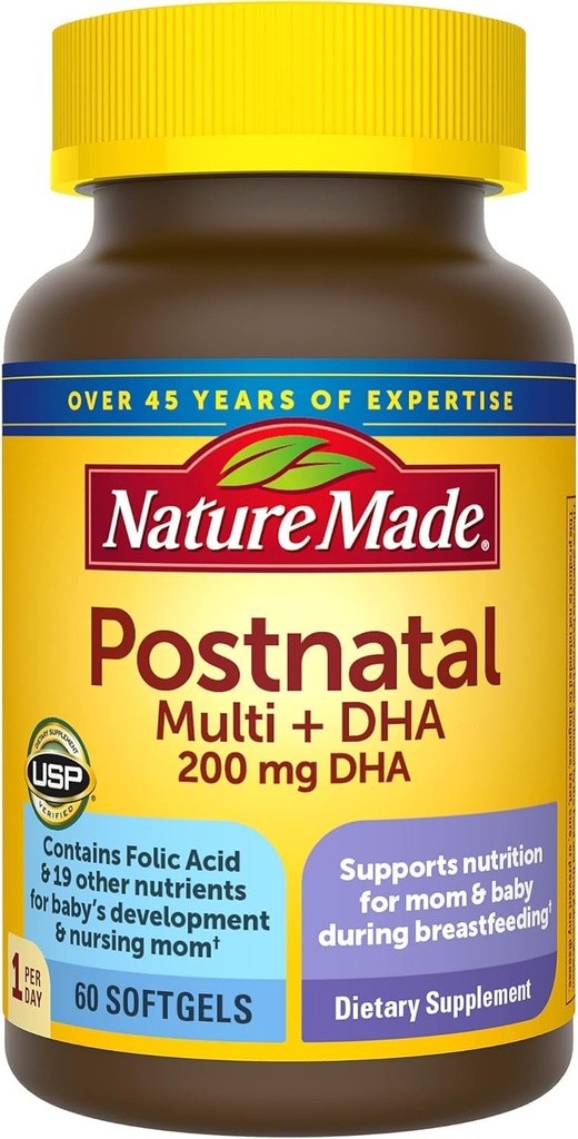 Natureza Made Multivitamin pós-natal + DHA 200 mg, 60 Softgels, para apoiar mães e bebês de enfermagem durante a amamentação, vitaminas e nutrientes pós-natais incluir ferro, vitamina D3, cálcio, iodo