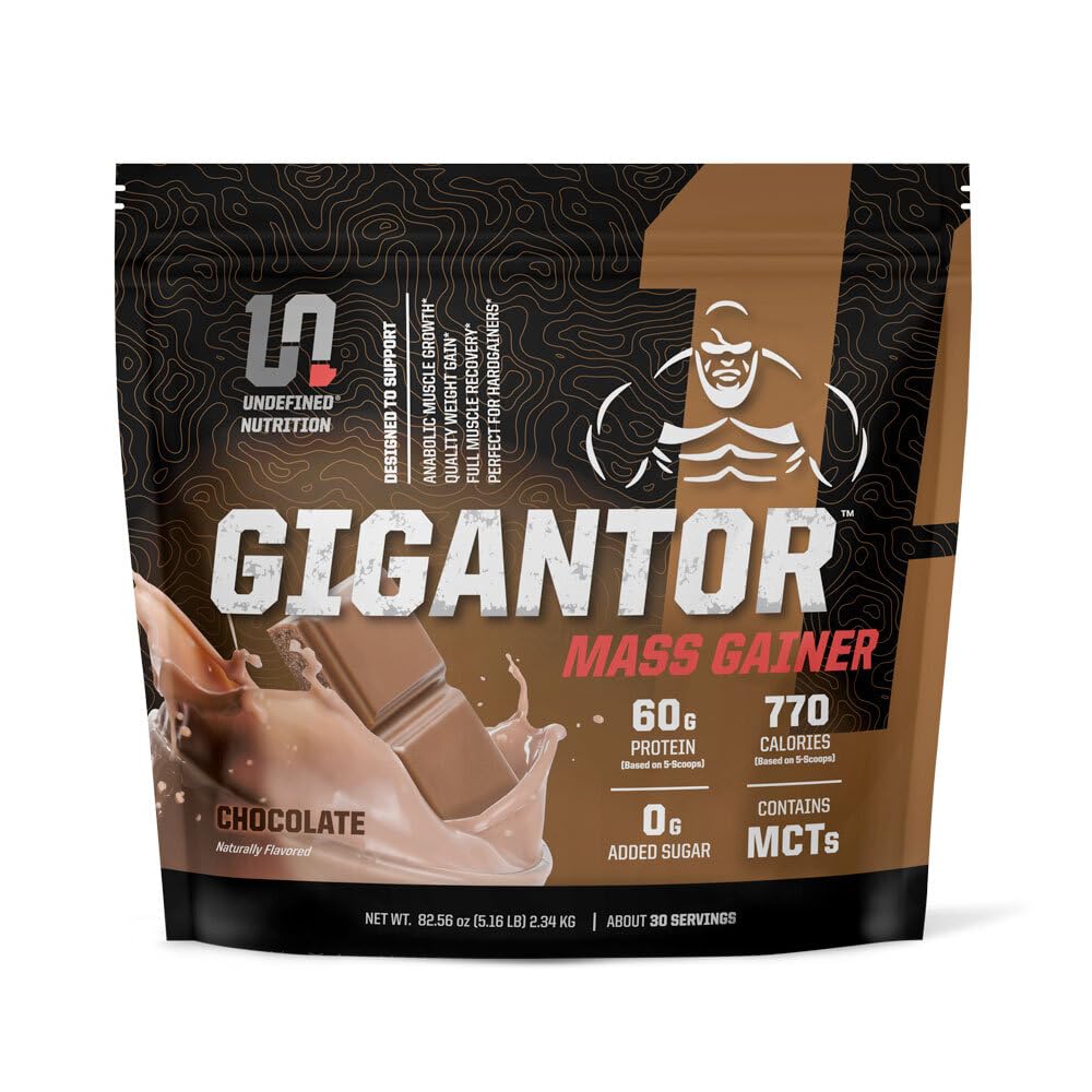 Indefinida Nutrição Gigantor Mass Gainer por Brian Shaw (60g Protein, 30 Servings, até 790 Calorias de Qualidade) – Hardcore Hard Gainer Formula com 5 Fases de Mistura de Proteína (5,16 lbs, Chocolate)