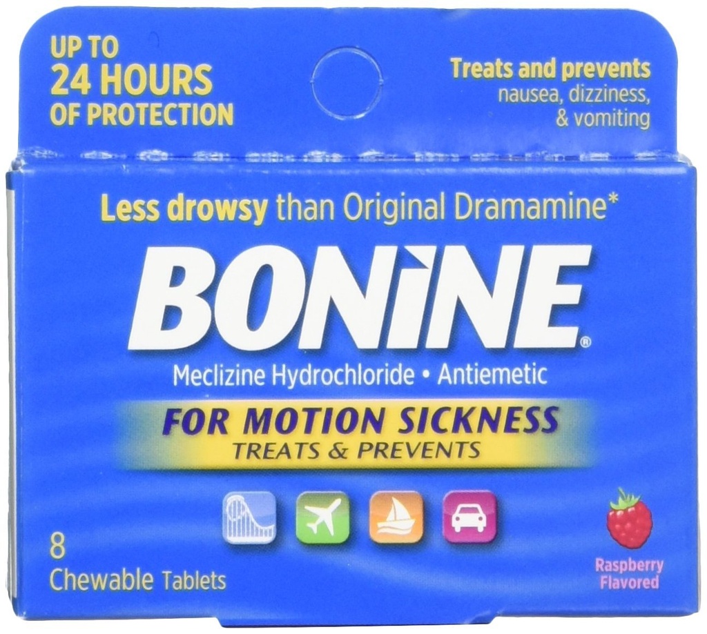 Bonine para doença de movimento comprimidos mastigáveis, framboesa saborosa, 8 Cada