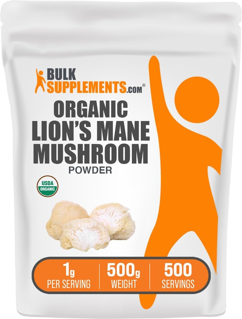 BulkSuplementos.com Leões Orgânicos Mane Mushroom Powder - Lions Mane Powder, Suplemento de cogumelos - Vegan & Gluten Free, 1g por serviço, 500g (1.1 lbs) (Pacote de 1)
