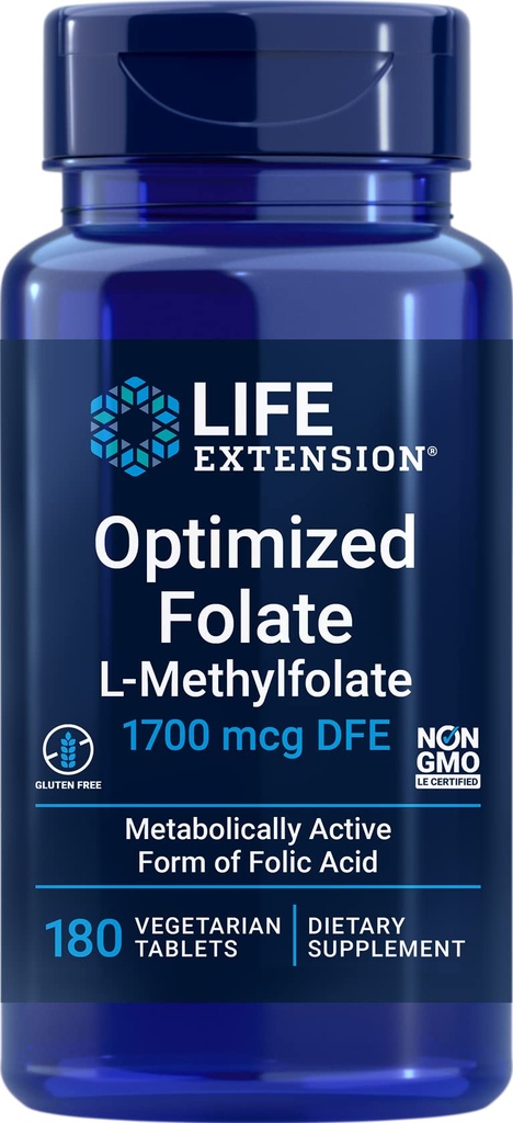 Extensão de vida Folato otimizado (L-Metilfolato) 1700 mcg DFE, 180 Veg Comprimidos