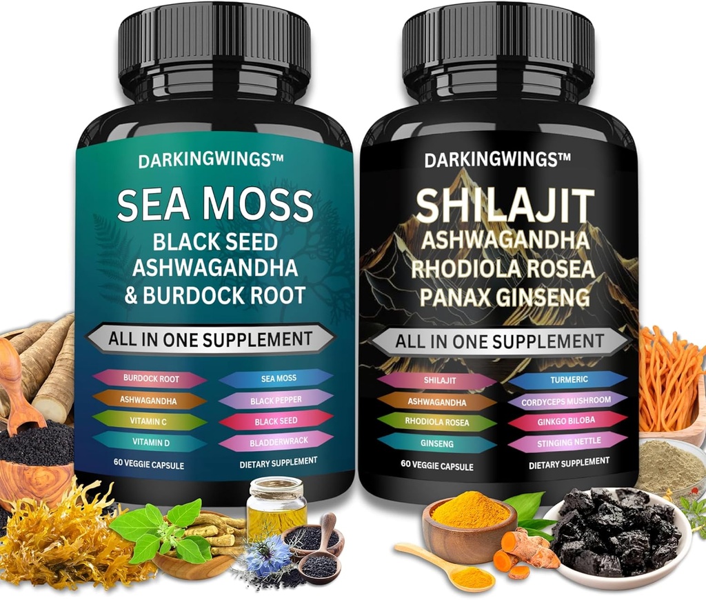 Shilajit e mar musgo combo - Sea Moss 3000mg, Black Seed Oil 2000mg, Ashwagandha 2000mg, Shilajit 9000mg, Rhodiola Rosea1000mg,Panax Ginseng1500mg