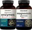 Cápsulas de Glicenato de Magnésio 500mg, 240 Count - 100% Quelated & Purified - Enzimas Digestivas com Prebióticos, 240 Cápsulas Veggie - 20 Enzima e 5 Complexo Pancreático Prebiótico