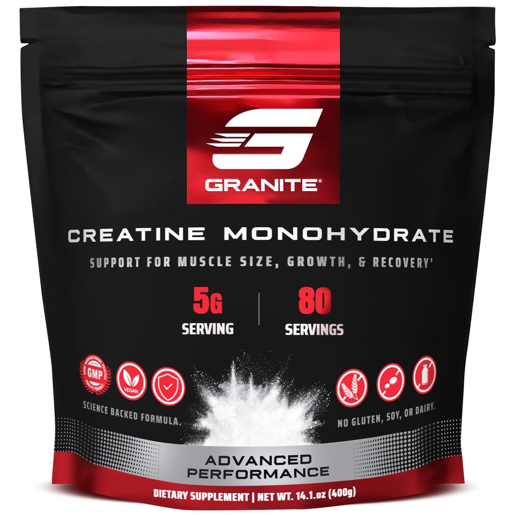 Creatina de granito Monohidrato, Suporta Força, Endurance, & Recuperação muscular, Creatina para homens e mulheres, Sem Soja, Sem Leite, Sem Glúten (80 Servos)