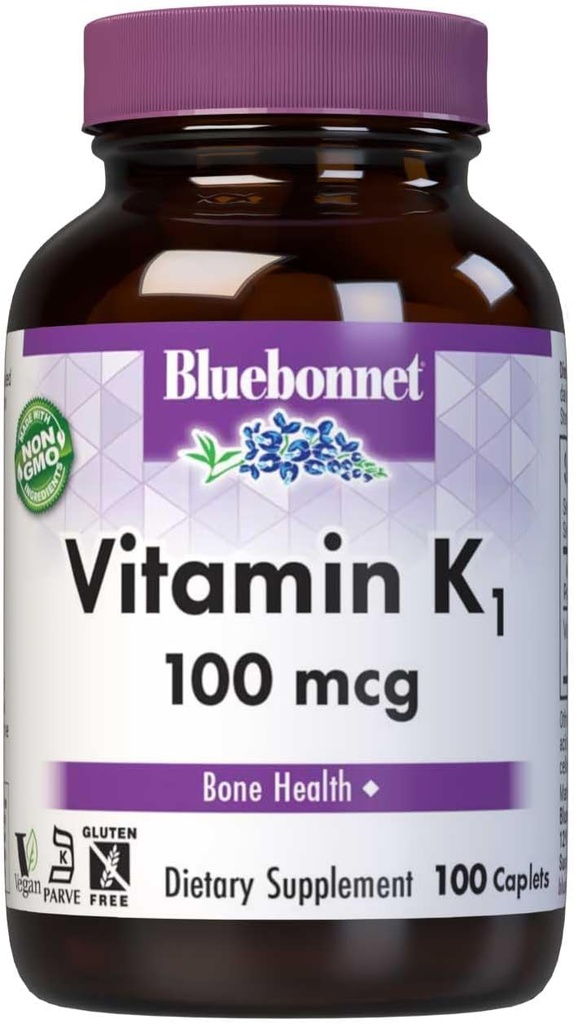 Bluebonnet Vitamina K1 100 mcg Suporta saúde óssea - Phylloquinone Crystalline Vitamina K Suplemento - Non-GMO, Kosher Certificado, Sem glúten, Sem leite - 100 Caplets Vegan
