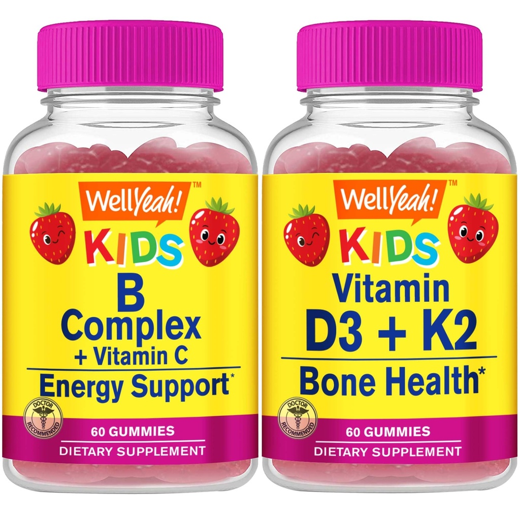 Bem... Sim B Complex Kids + Vitamina D3+K2 Crianças, Gummies Bundle - Grande degustação, Suplemento de Vitamina, Gluten Free, GMO Free, Gummy mastigável