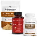Real Cogumelos RealClarity (60ct) & Leões Mane (120ct) Cápsulas w/Cordyceps Powder Bundle - Suplemento de Cogumelo para Clareza Mental, Foco, Cognição, Energia e Vitalidade - Vegan, Não-GMO