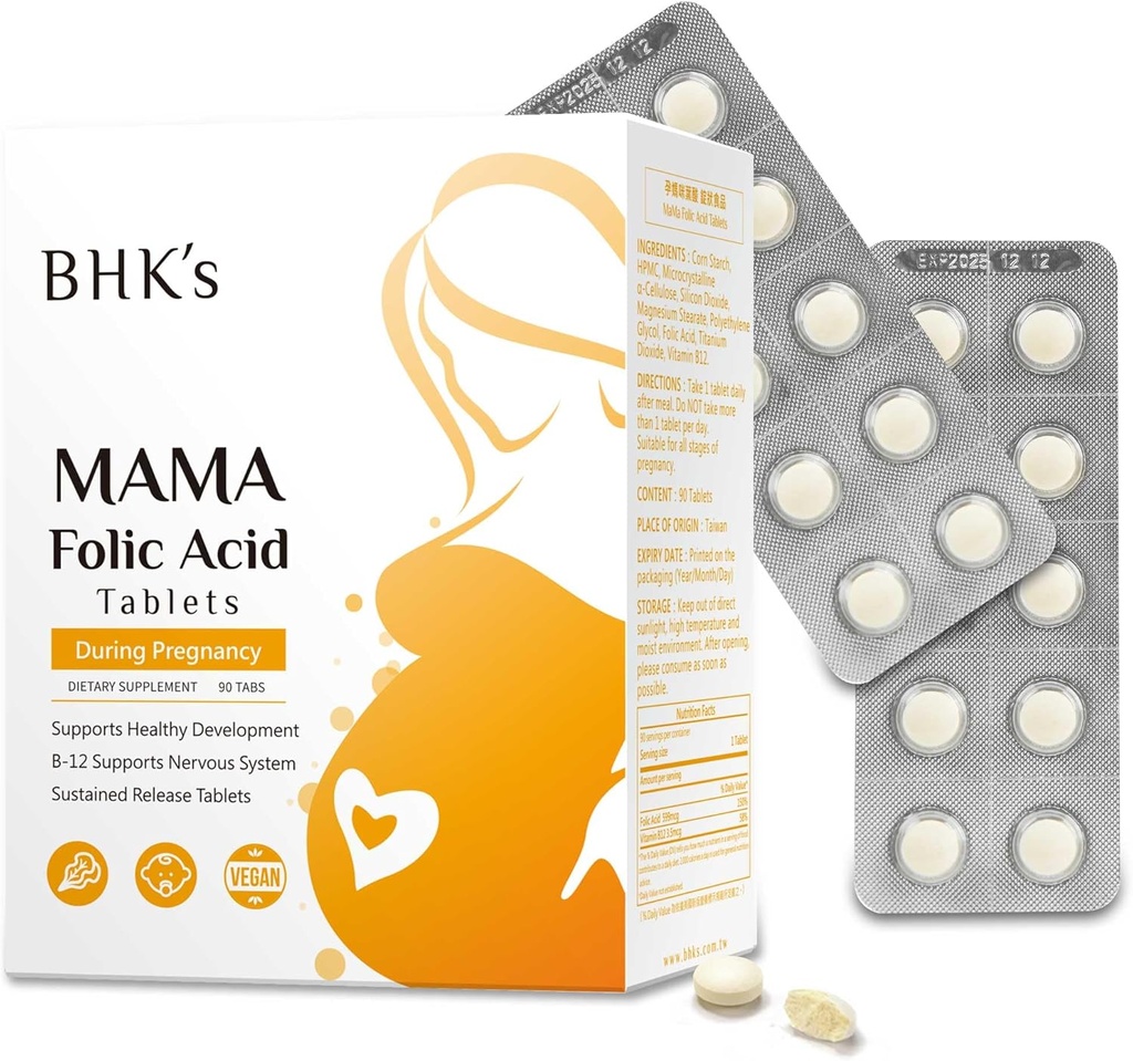 Ácido Fólico de BHK, Antes Durante Após a Gravidez, apoiar o desenvolvimento do sistema nervoso do bebê, vitaminas essenciais para mamãe e bebê, 90 comprimidos