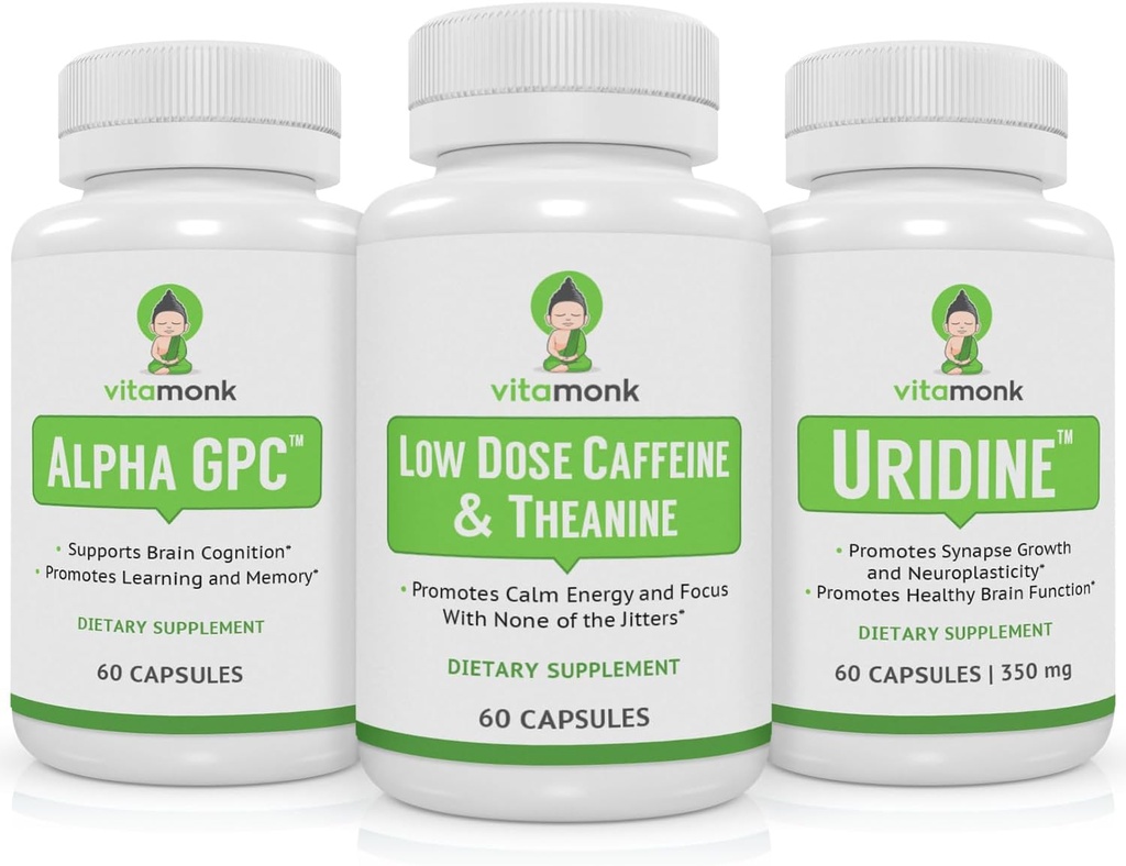 VitaMonk Brain Boost Bundle - Alpha GPC, Uridina e Cafeína de Baixa Dose + L-Theanina Duo