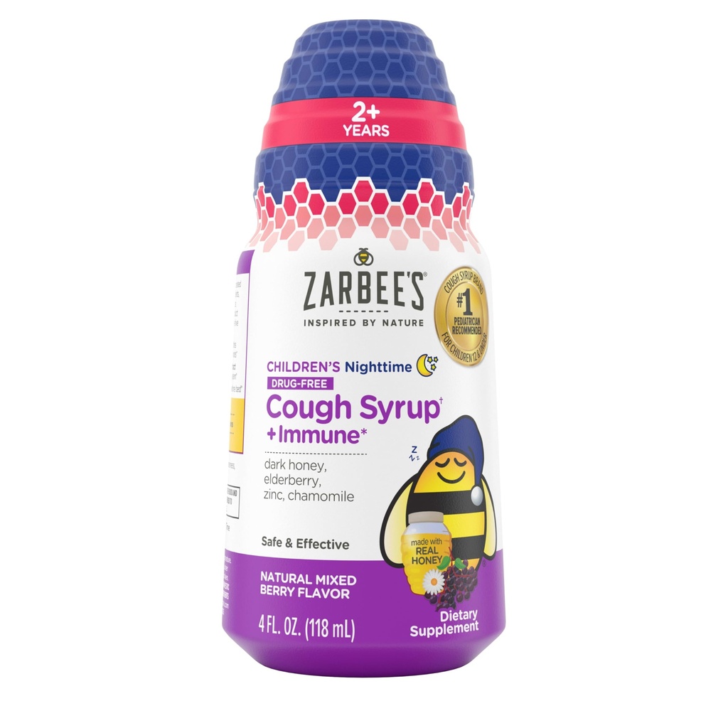 Zarpee's Nighttime Honey Tosse Syrup + Imune para crianças 2+, Tosse Syrup com mel escuro calmante, Amora verdadeira, Vitamina D & Zinco, & Camomila, Drug-Free, Berry misto, 4 fl. oz