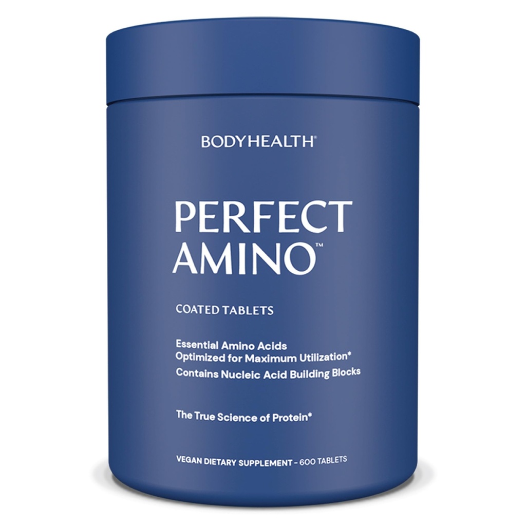 BodyHealth PerfectAmino (600 ct) Tablets fáceis de engolir, Suplemento de Aminoácidos Essenciais com BCAAs, Proteína Vegan para pré/pós-treino e recuperação muscular com Lisina, triptofano, Leucina, Metionina