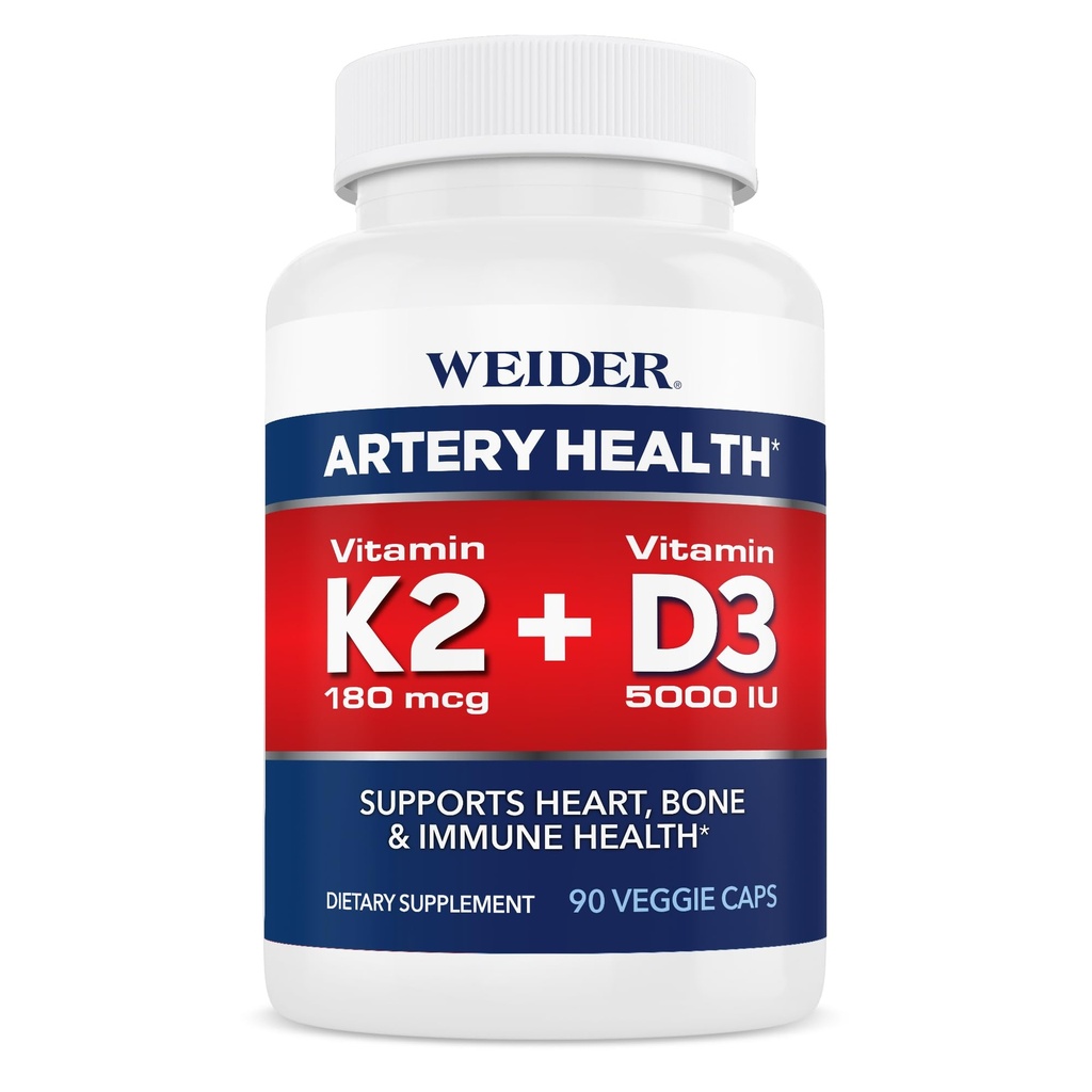 Weider Artéria Suplemento de Saúde, Vitamina K2 (180mcg) & Vitamina D3 (5000iu), 90 Cápsulas Veggie