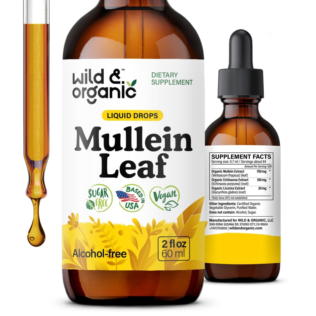 Wild & Organic Mullein gotas para pulmões - Lung Detox e Cleanse - Liquid Mullein Folha Tintura com Echinacea & Licorice Raiz - Vegan, Açúcar & Alcohol-free Extract Suplemento - 2 fl oz