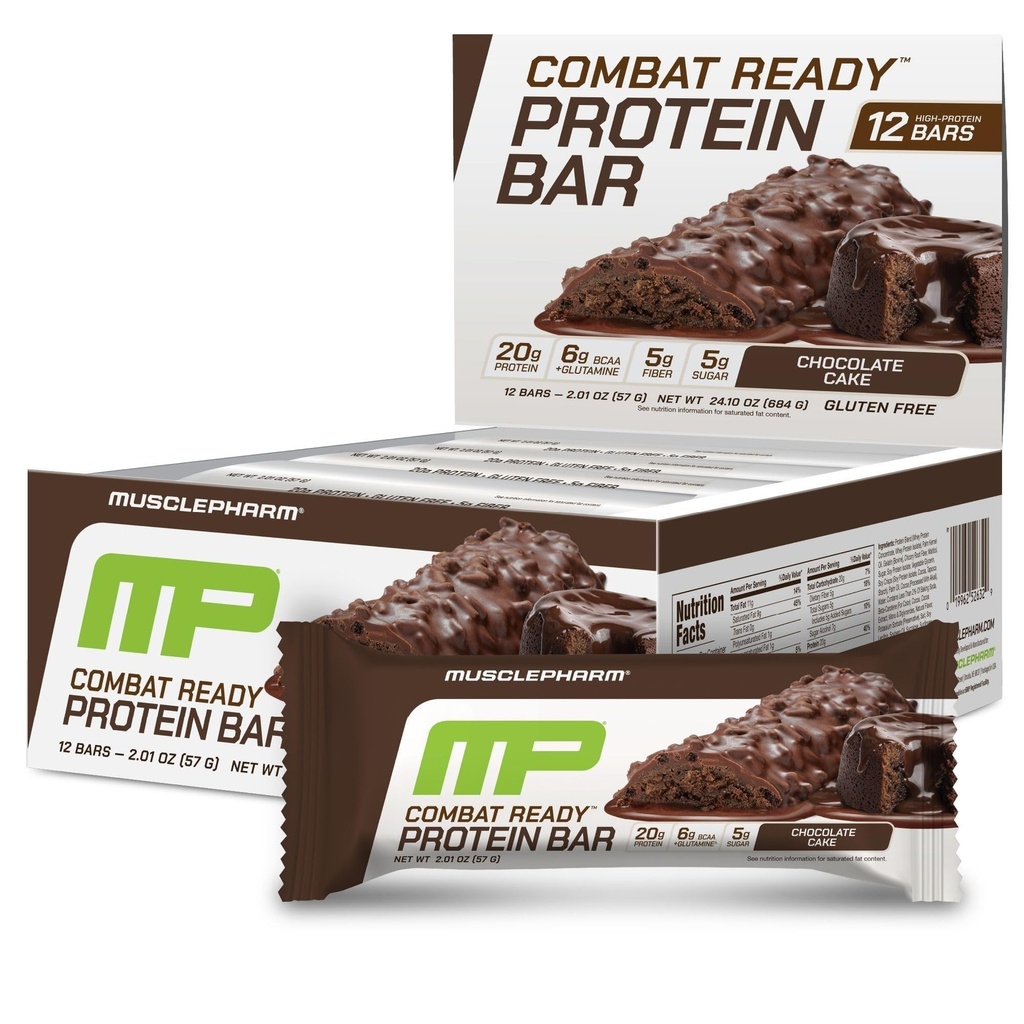 MusclePharm Combat Sport Bar, Chocolate Bolo Flavor Altas barras de proteína, desejos de combate, desempenho de combustível e atender demandas de energia, 20g de proteína de Whey Protein, 5g de fibra, sem glúten, 12 barras