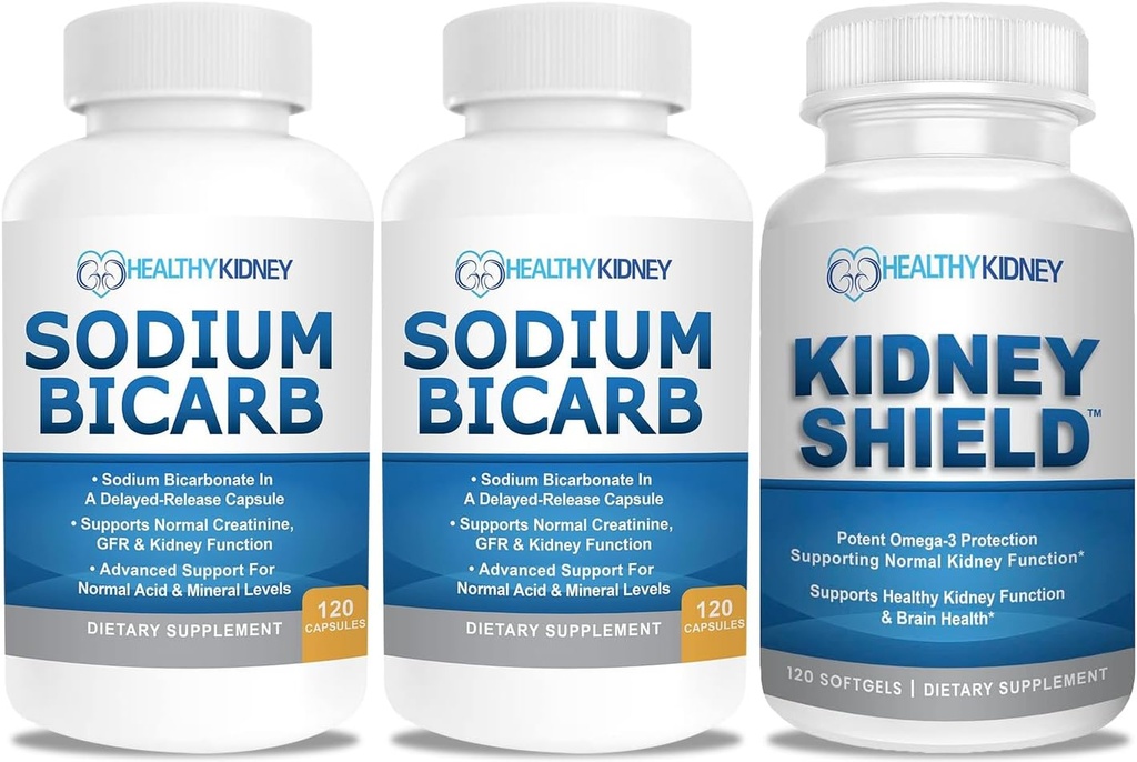 Bicarbonato de sódio 650mg Cápsulas para alívio ácido, alcalinidade 120 comprimidos 2-Pack + Kidney Shield 120 caps Rim Suplemento para apoiar função renal normal