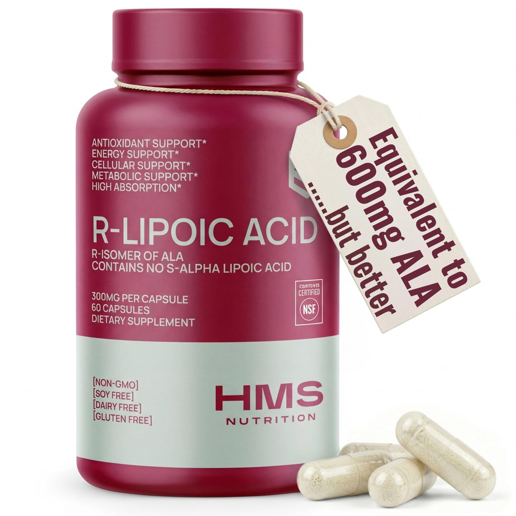 Ácido R-Lipoico Estabilizado 300mg por serviço, R ácido alfa lipoico ALA Suplemento Antioxidante para Nervo, Energia e Apoio ao Metabolismo, Suplementos certificados NSF, Não-GMO & Vegan, 60 cápsulas, 2 meses de fornecimento