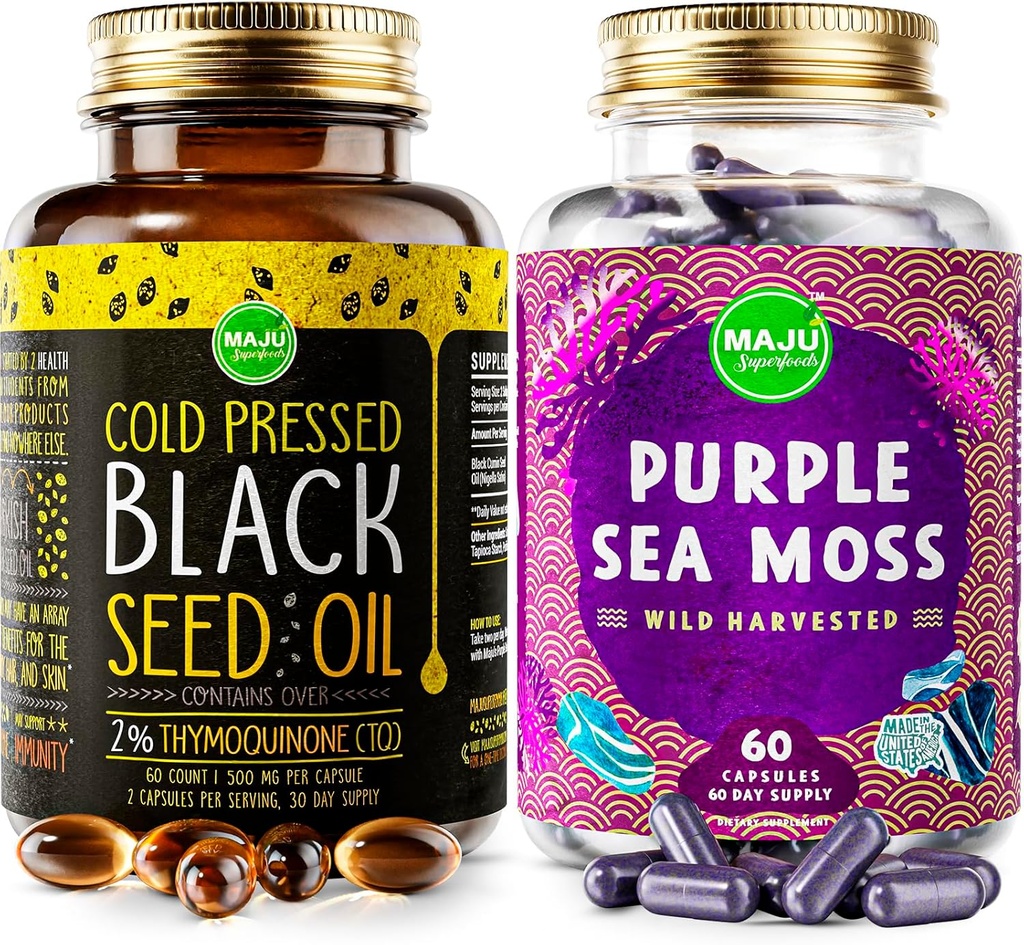 Maju Superfoods Black Seed Oil Cápsulas e Purple Sea Moss Cápsulas