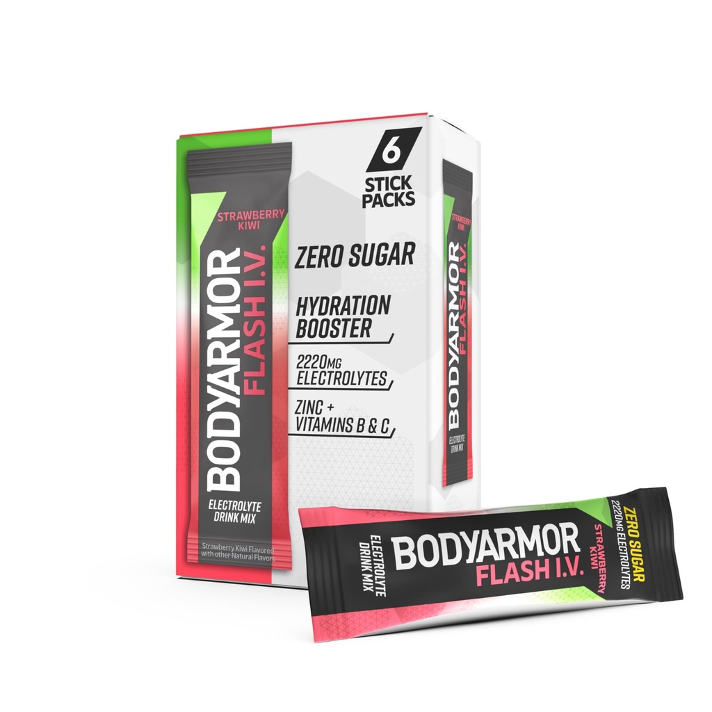 BODYARMOR Flash IV Pacotes de Eletrolíticos, Kiwi de Morango - Mistura de Bebida de Açúcar Zero, Pacotes de Servir Único, Pó de Água de Coco (6 Contagem)