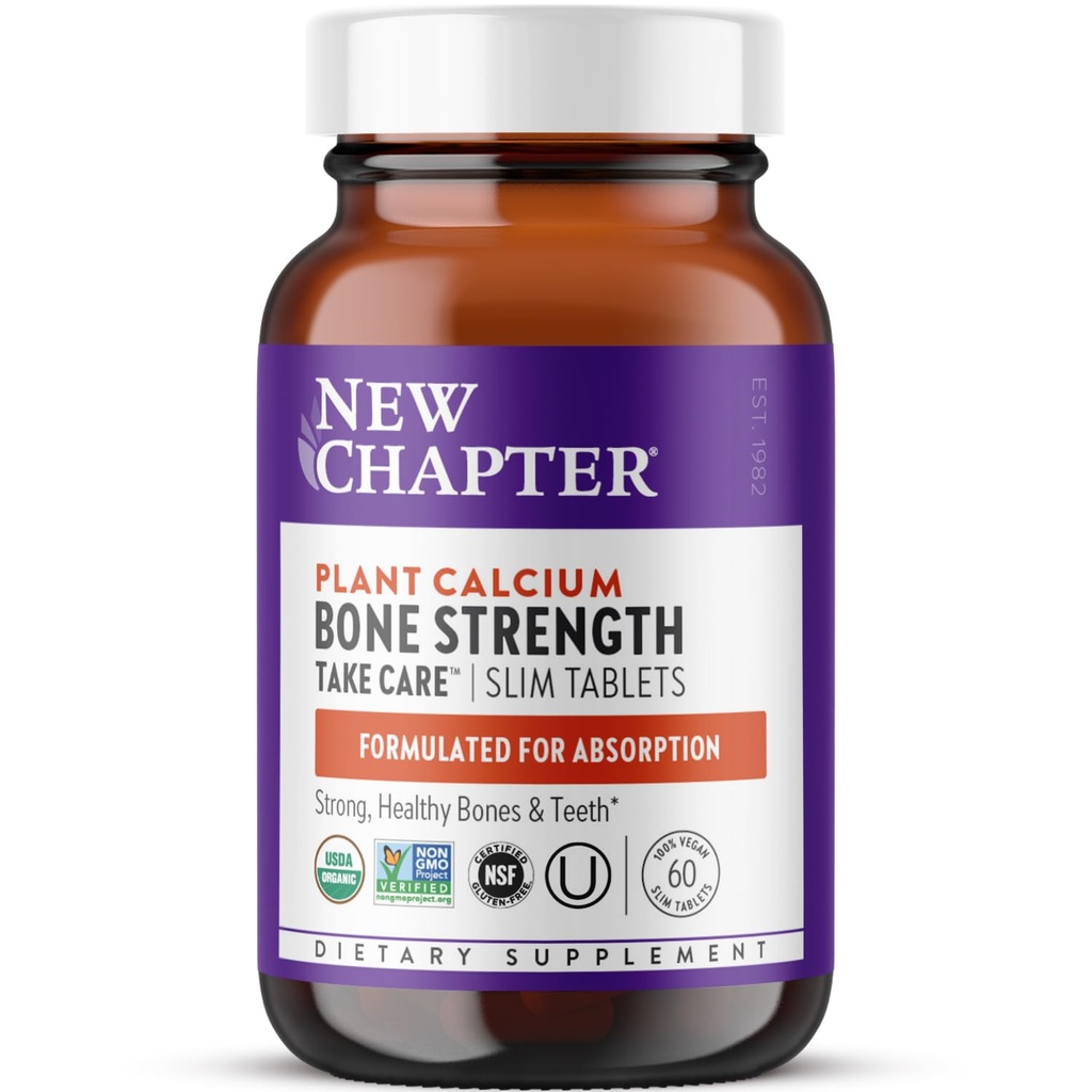 Novo capítulo Suplemento de cálcio - cálcio orgânico de força óssea com magnésio, vitamina D3+K2, 70+ Trace Minerals para a saúde óssea, sem glúten, fácil de engolir comprimidos magros - 60 contagem