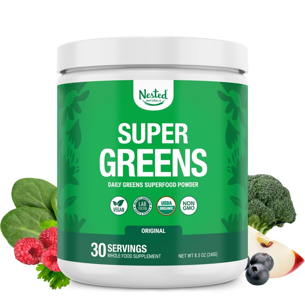 Aninhado Naturals Super Verdes Pó de Superalimentação Diário - Certificado USDA Verde Orgânico Pó w/20+ Alimentos inteiros, Spirulina Pó, Trigo & Cevada Grama - Probióticos, Fibra & Enzimas - Sabor original, 30