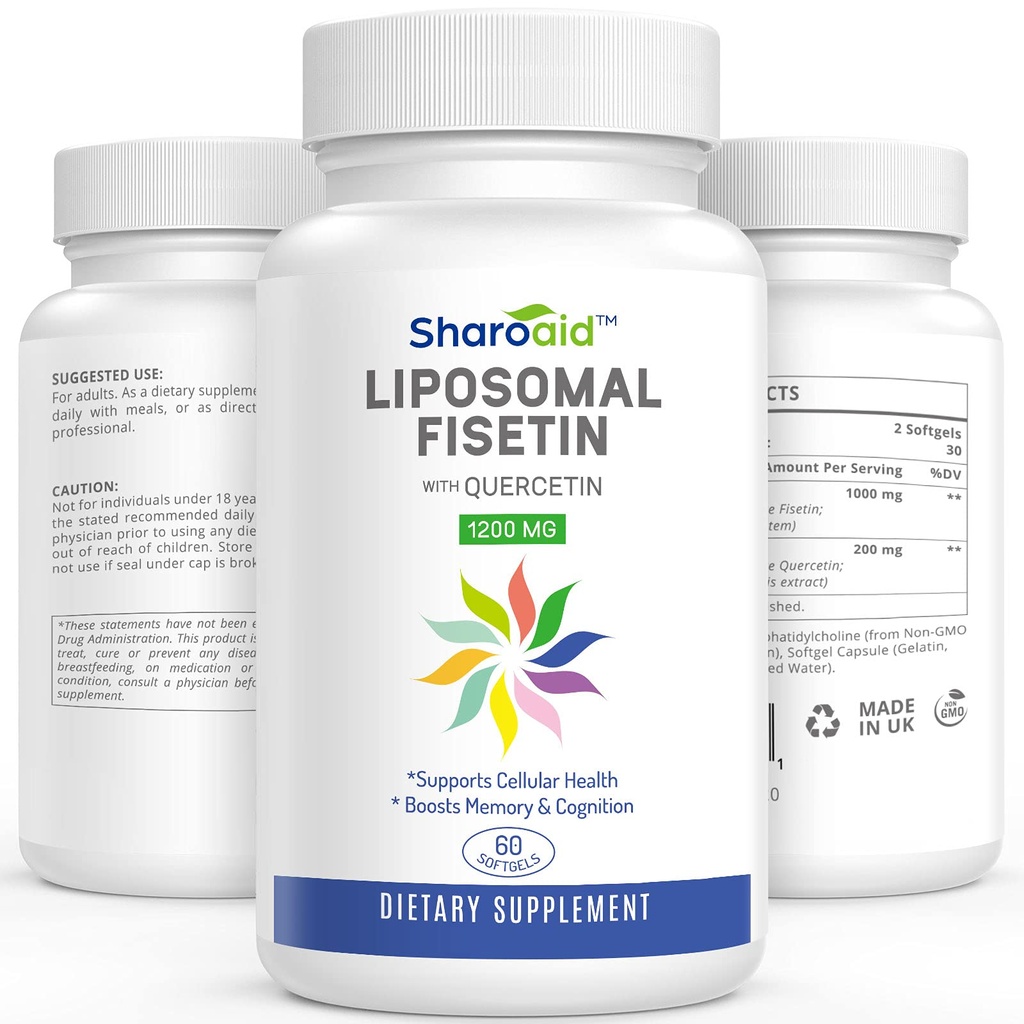 Fisetina lipossómica com Suplementos de Quercetina 1200 mg por serviço, Polifenóis de alta absorção Antioxidantes para Mulheres, Homens, Não-GMO, Gluten-Free, 1 Garrafa-60 Softgels