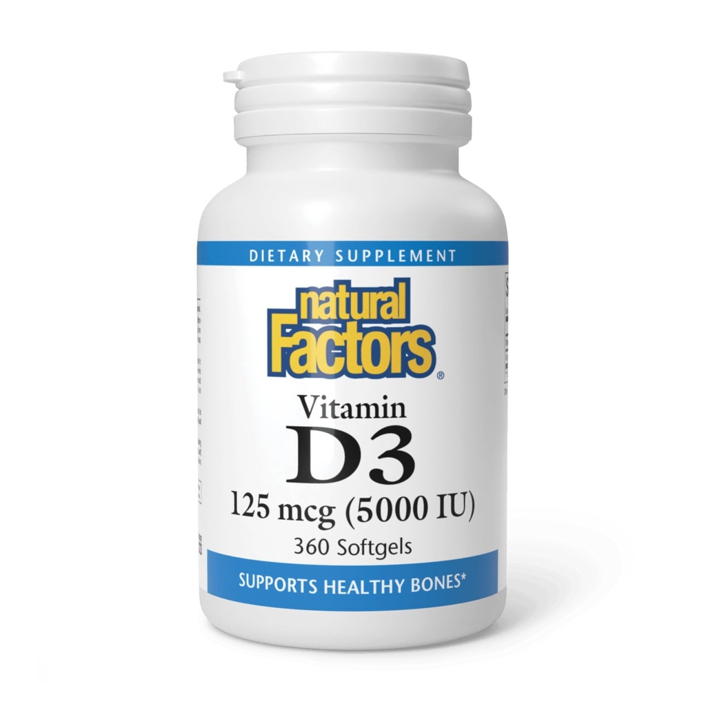 Fatores naturais, Vitamina D3 5000 UI (125 mcg), Suporta ossos fortes, músculos e função imunitária, 360 Softgels