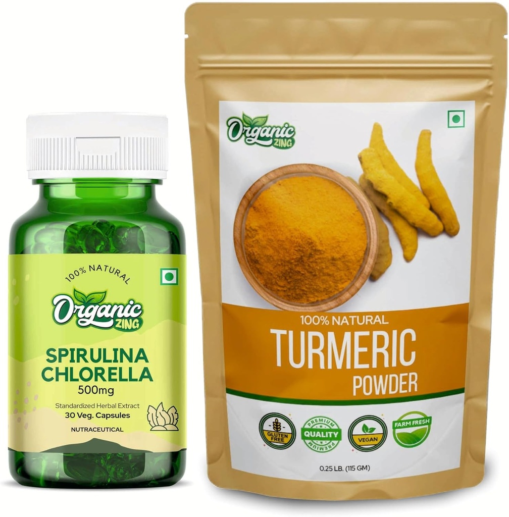 Cápsulas de espirulina de ZING ORGÂNICO- 30Cap & Pó de Açafrão- 115g