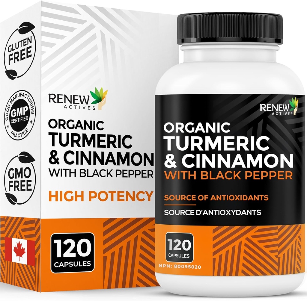 Renew Actives Organic Turmeric 474MG & Cinnamon 50MG por 2 Cápsulas – com Curcumina e BioPerine para Absorção – Suporta Metabolismo, Saúde Conjunta e Digestão – Made in Canada – 120 Cápsulas