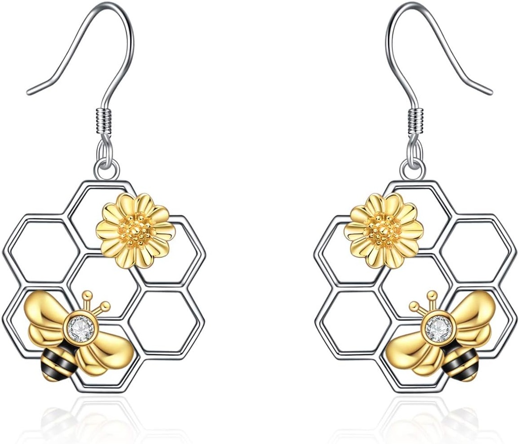 Brincos de abelha LUHE para mulheres 925 Brincos de prata Sterling Bumble com Honeycomb Honeybee Jewelry Dangle presentes para mulheres