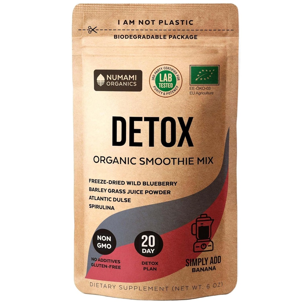 Numami Organic Detox Blueberry Smoothie Powder com espirulina saudável, Dulse Atlântico e Cevada Juice de grama em pó, Premium qualidade superalimento da Europa